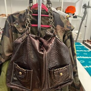 Jane August Authentic Python Chocolate Brown Drawstring Handbag Made In Italy